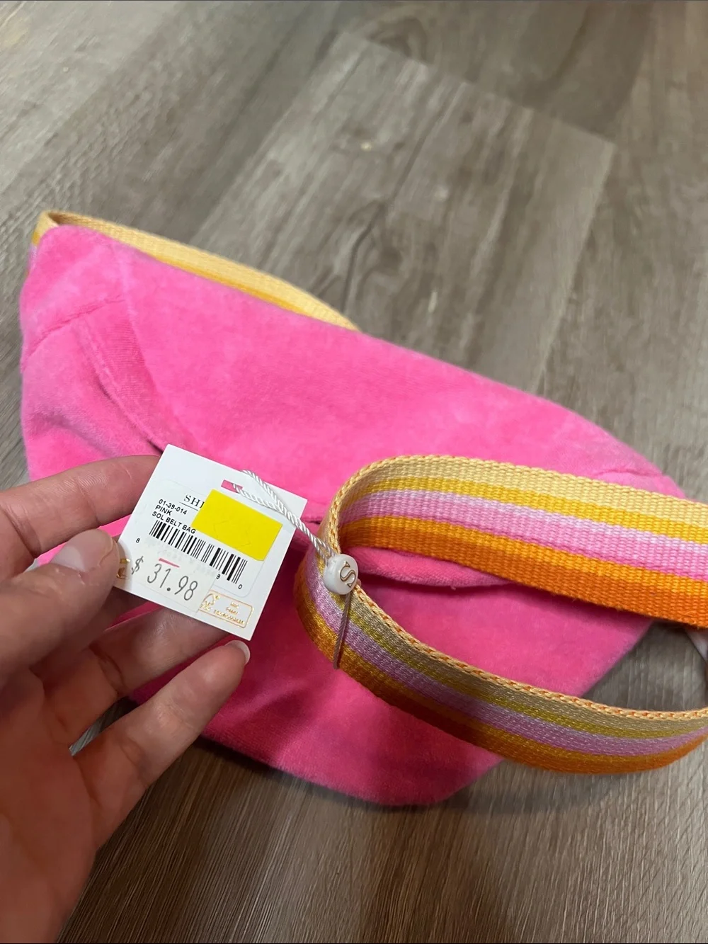 Pink Suede Crossbody Belt Bag with Striped Strap